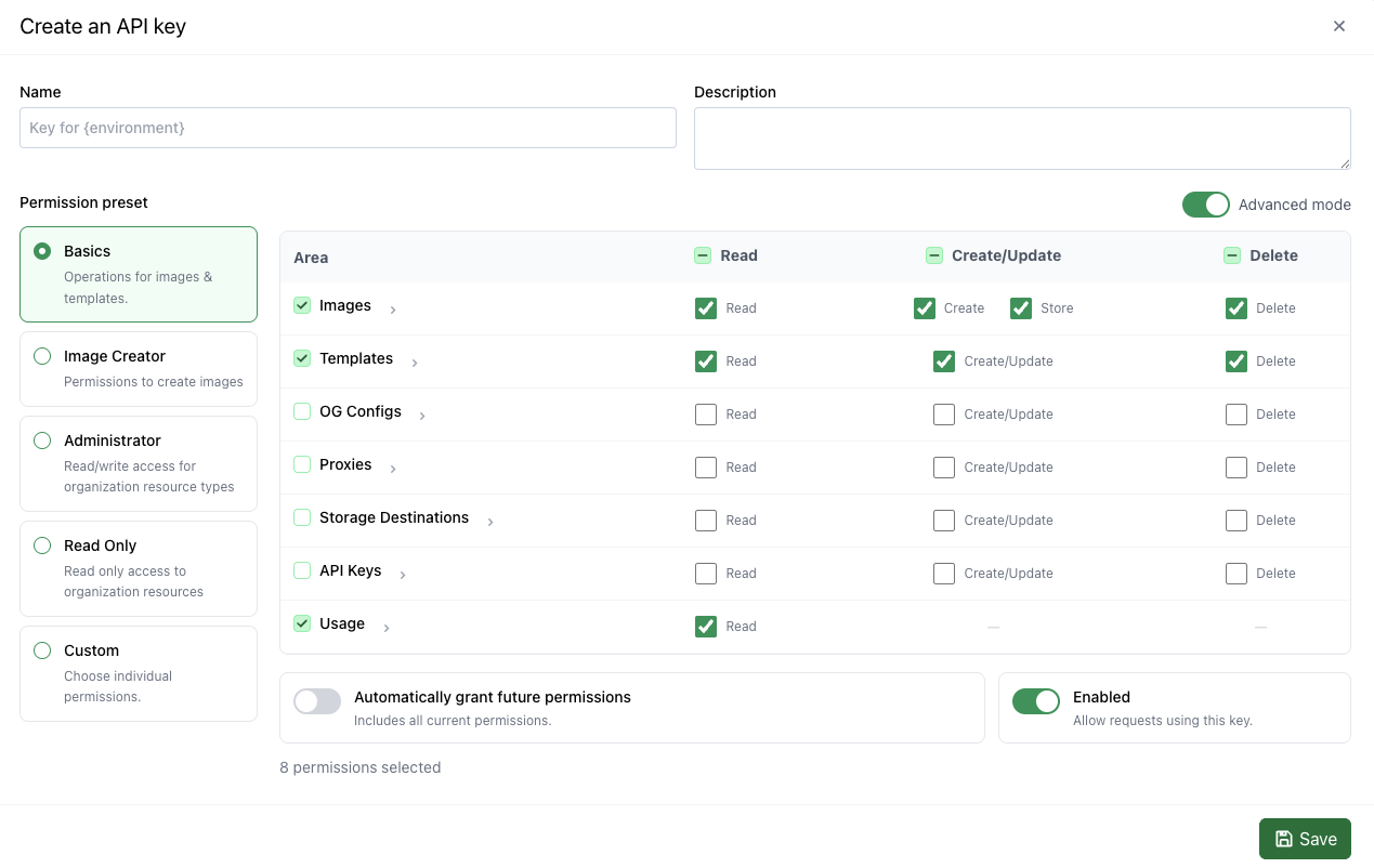 Advanced mode in the API key form, showing separate Read, Create/Update, and Delete permissions, with Create and Store separated for Images.