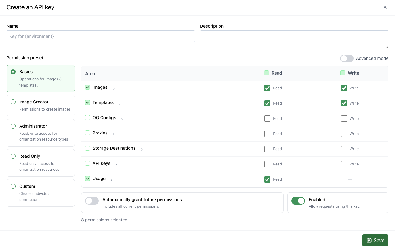 Create an API key in the default simple view, with Read and Write permission groups for each resource area and the Basics preset selected.
