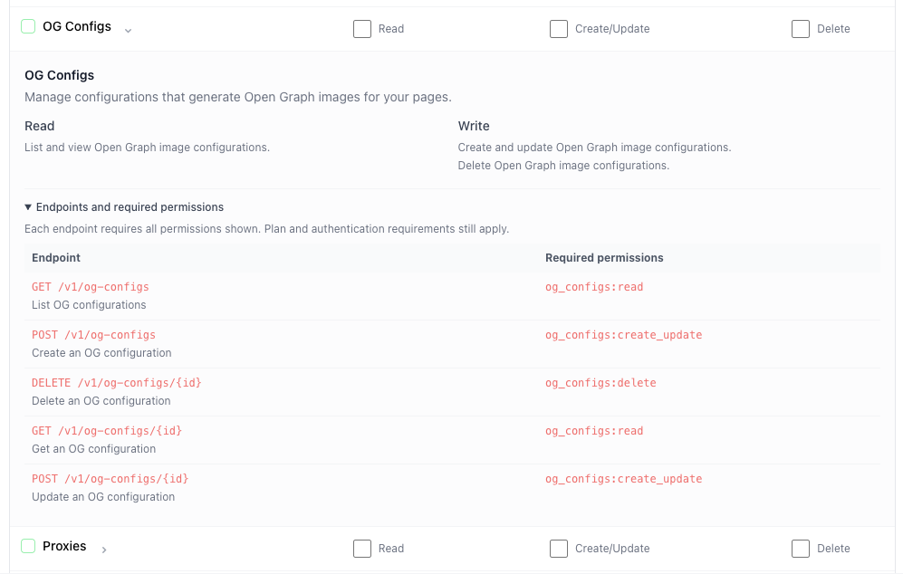 Expanded OG Configs permission details showing read and write descriptions and the permissions required for each Open Graph configuration endpoint.