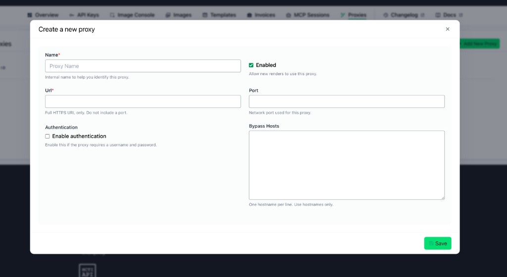 Create a new HTTP proxy in the HTML/CSS to Image dashboard