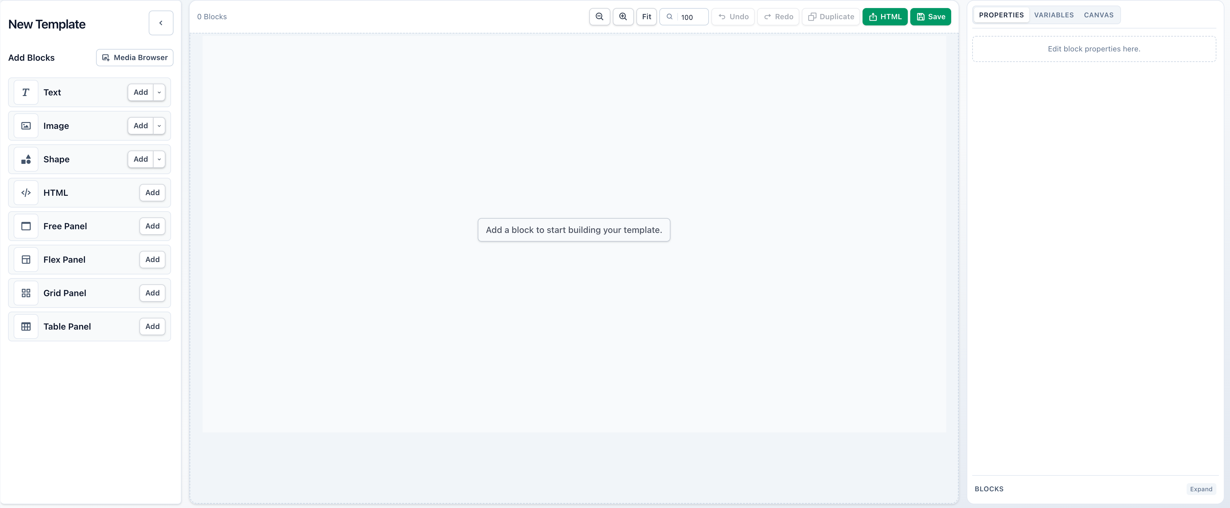 Blank template editor with the block sidebar, empty canvas, and properties sidebar