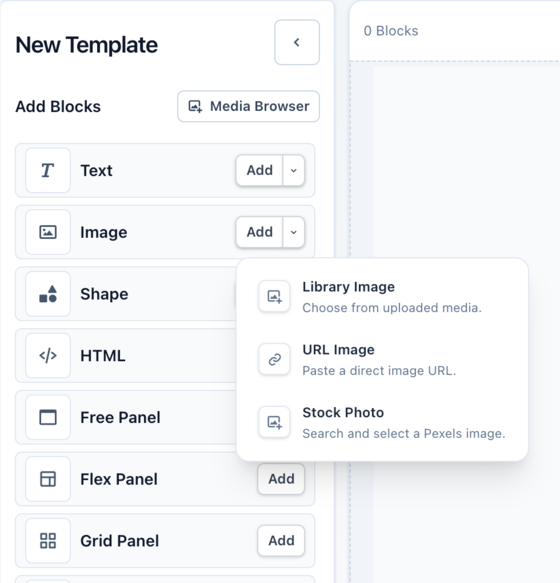 Image block source menu with Library Image, URL Image, and Stock Photo options