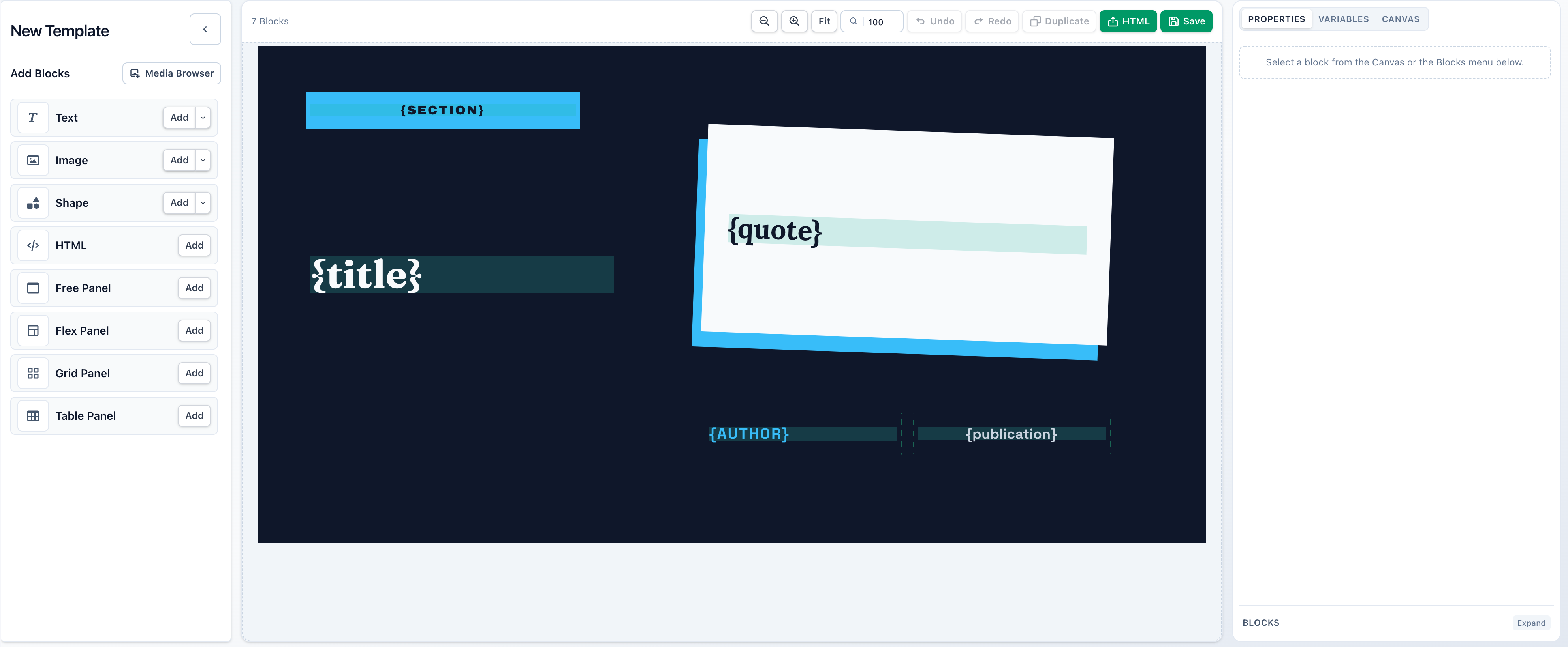 Template editor with the quote preset open on the canvas