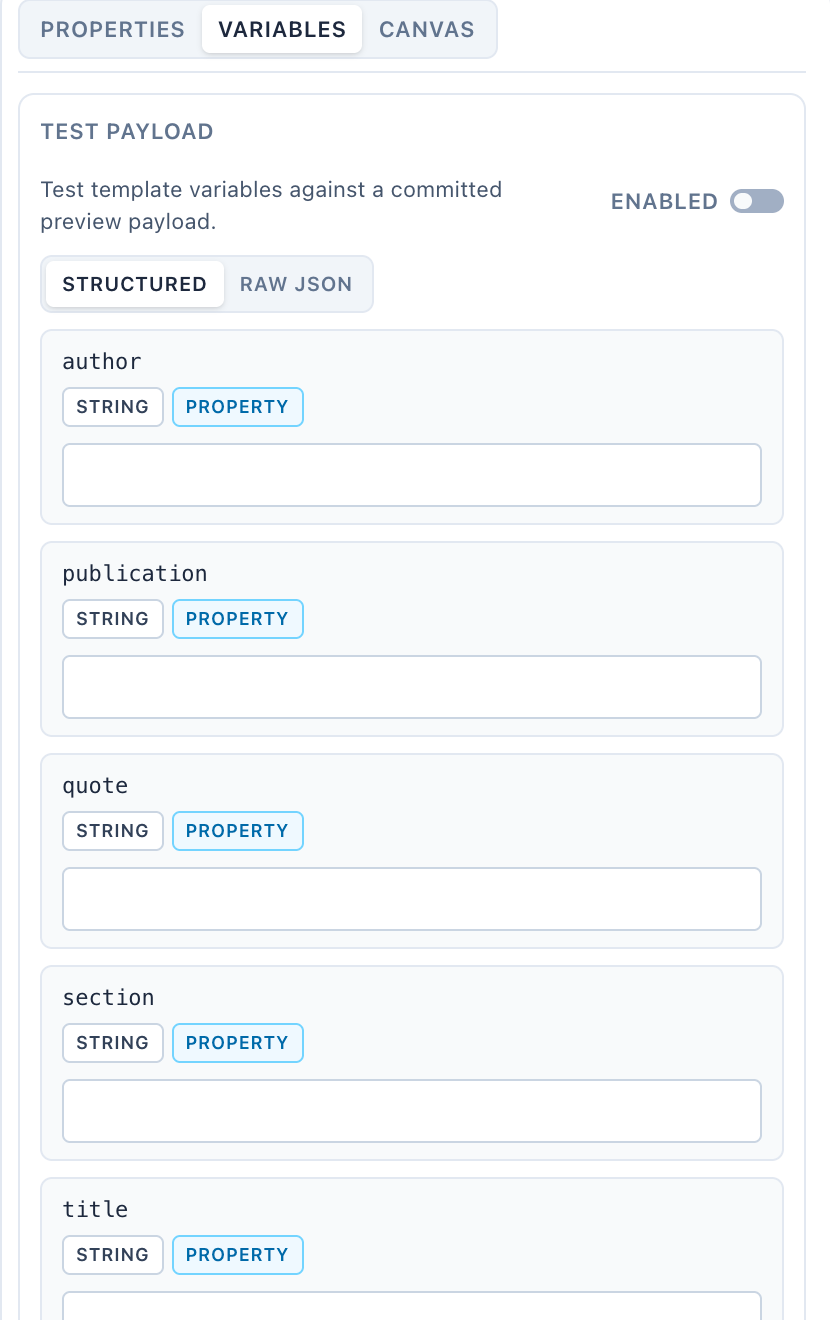 Variables tab showing structured preview fields for a quote template