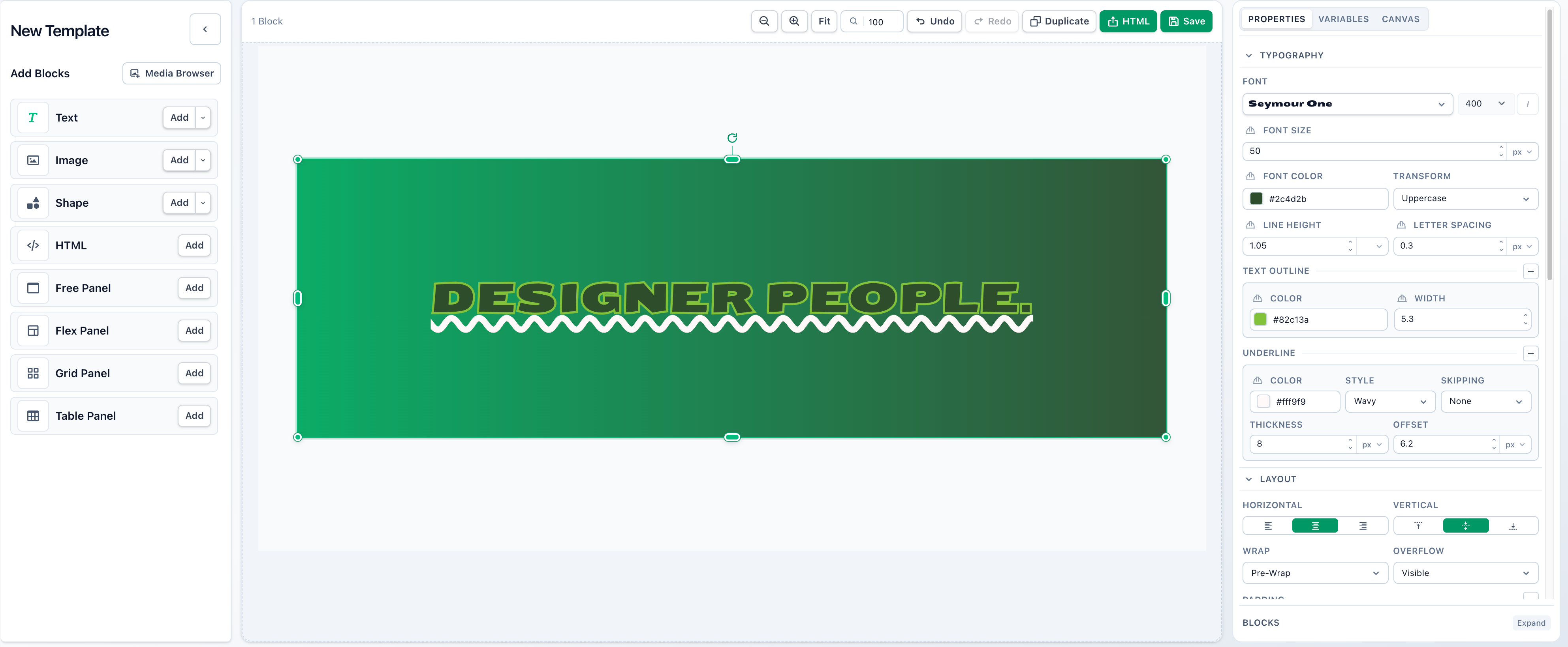 Rich Text block selected with typography controls open